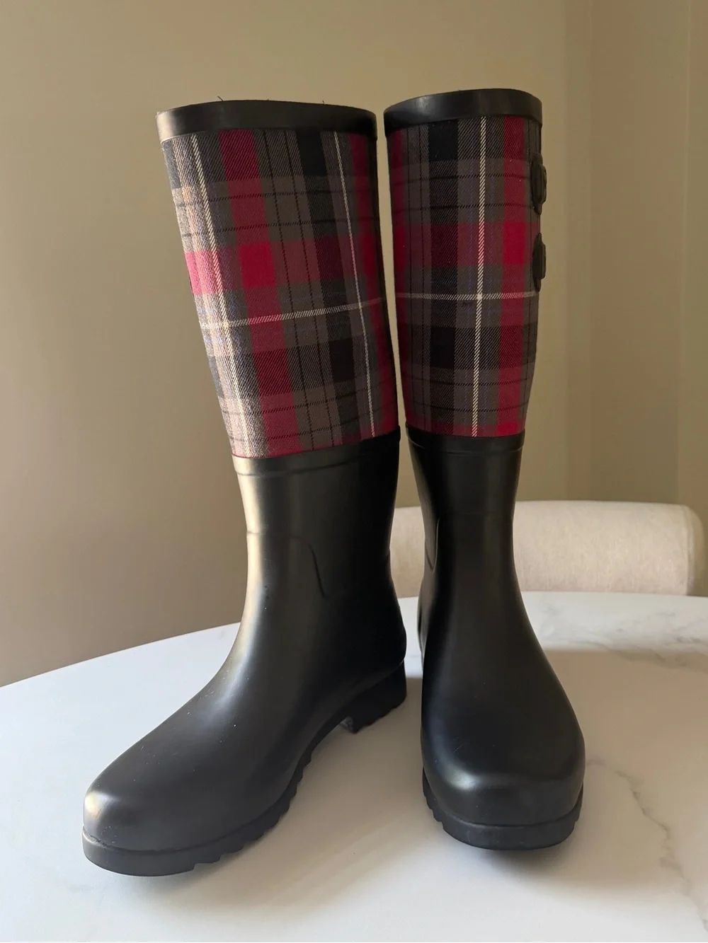 UGG Australia Black Rain Boots with Red & Gray Plaid Shaft